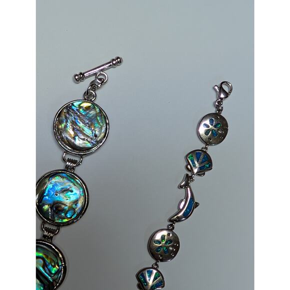 Abalone Shell & Sea Bracelet Bundle Iridescent Shell Disc + Dolphin, Sand Dollar - Picture 3 of 5